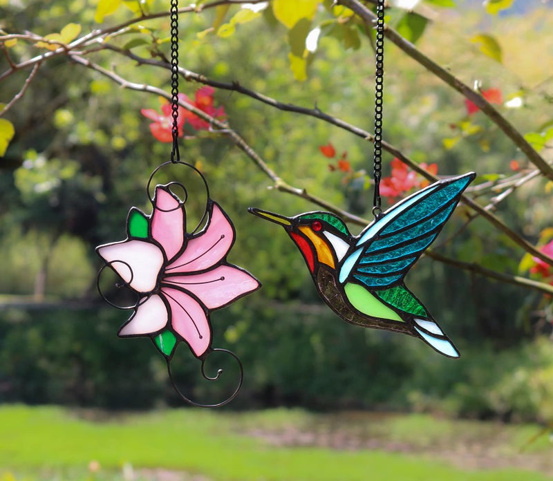 HAOSUM الزجاج الملون الطيور نافذة الشنق الزجاج الملون زينة الطيور الطنانة الطيور suncatcher لتزيين النوافذ هدايا الطيور الطنانة لمحبي الطيور أمي - Image 4
